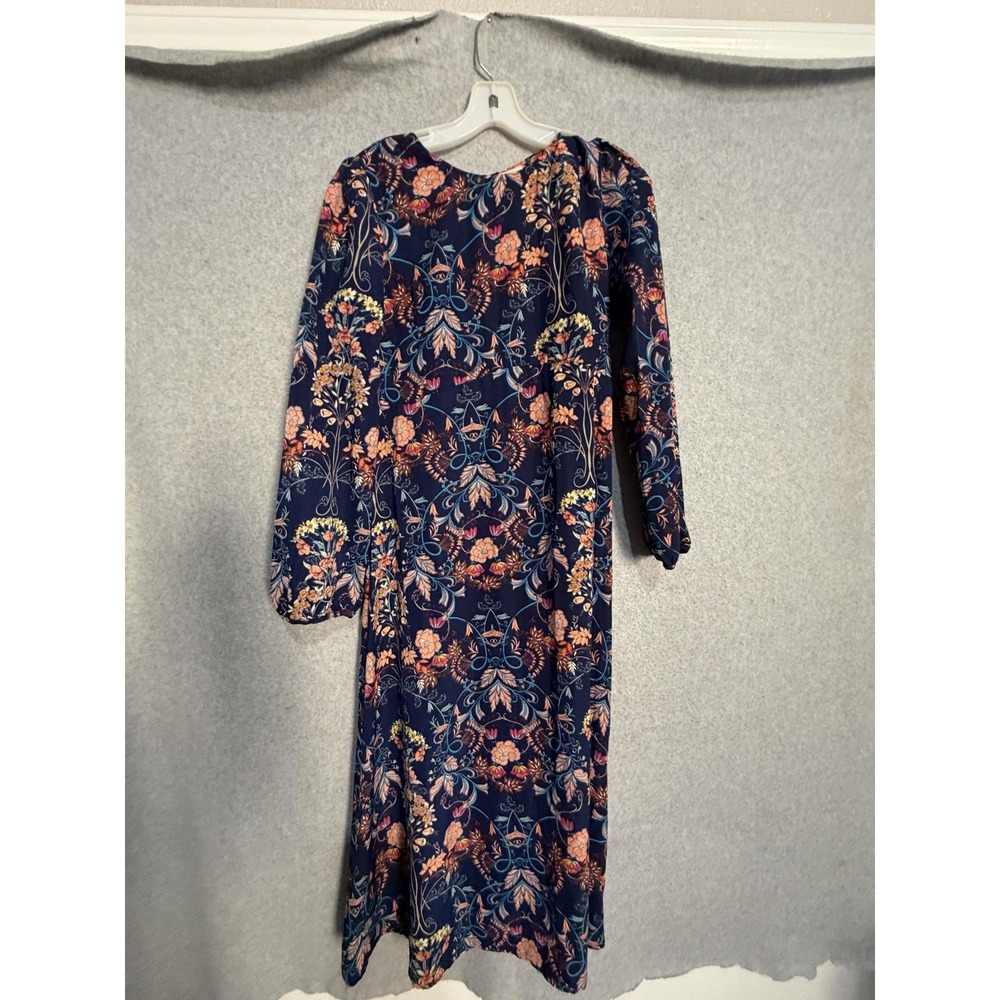 I.MADELINE Dress Womens M Blue Floral Print Long Sleeve Shift Midi Boho